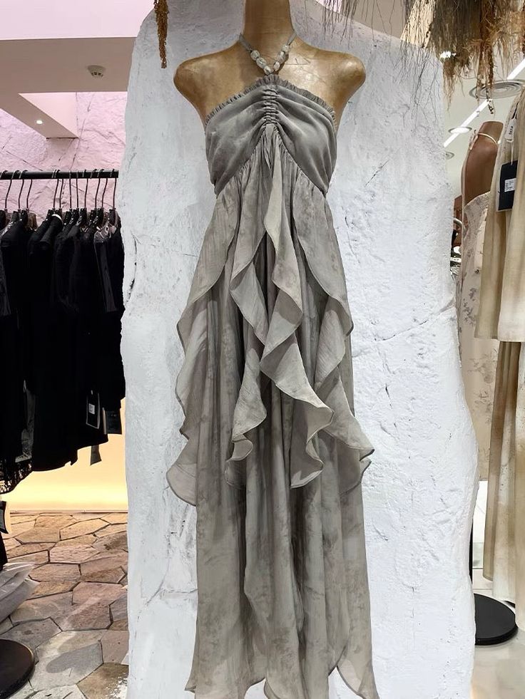 A Line Halter Ruffled Floral Chiffon Long Vacation Dresses Outfits DP1323