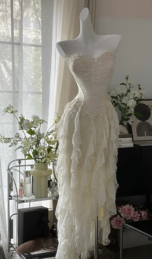 Elegant Sheath Sweetheart Neck Beaded Ivory Chiffon Long Prom Dress Graduation Prom Dress DP2045