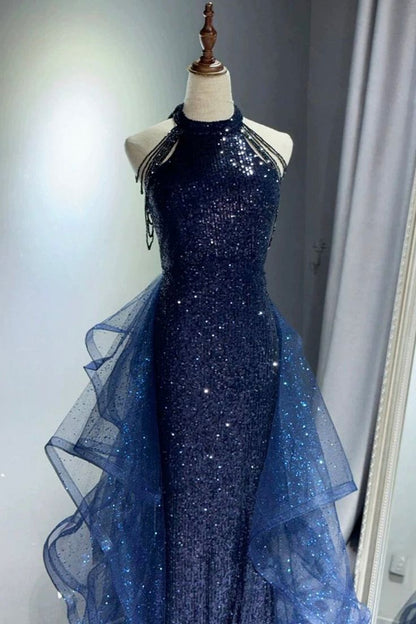 Navy Shiny Sequin Tulle Long Party Dress with Beaded, Navy Evening Party Dress DP1975