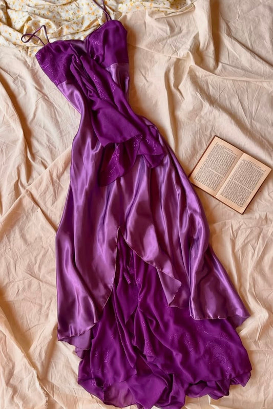 Vintage Dark Purple A Line Spaghetti Straps Satin Chiffon Prom Dress Evening Dress DP5515