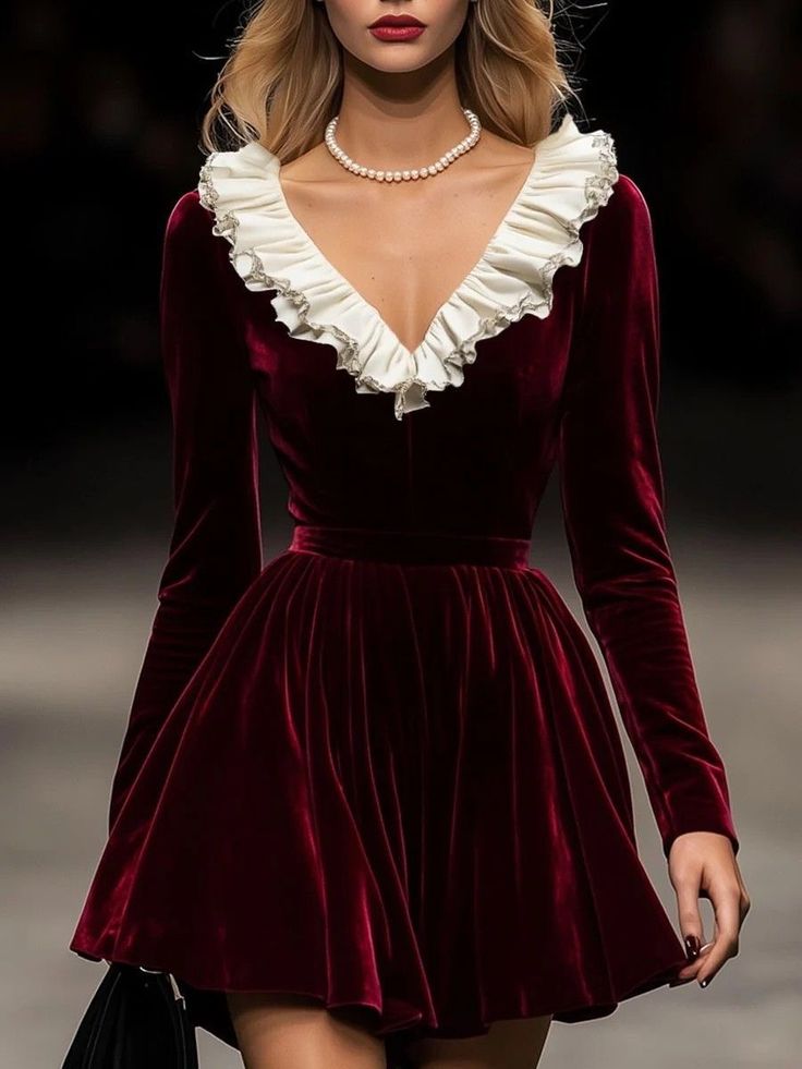 Burgundy A Line Long Sleeve White Ruffle Velvet Short Homecoming Dress Cocktail Dress DP3121