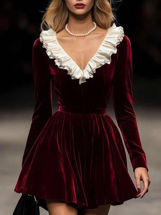 Burgundy A Line Long Sleeve White Ruffle Velvet Short Homecoming Dress Cocktail Dress DP3121