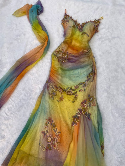 Fairy Vintage Mermaid Spaghetti Strap Appliques Chiffon Long Party Dress Evening Dress DP3014