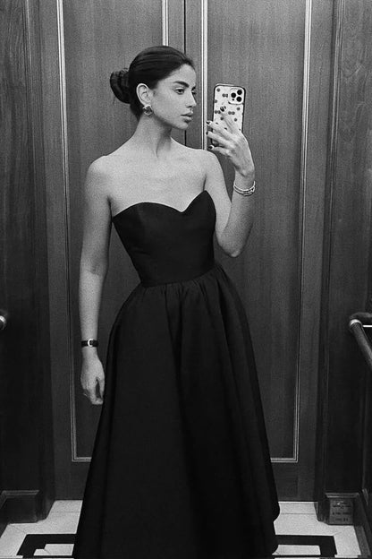 Simple Elegant A Line Sweetheart Neck Black Satin Prom Dress Evening Dress DP6084