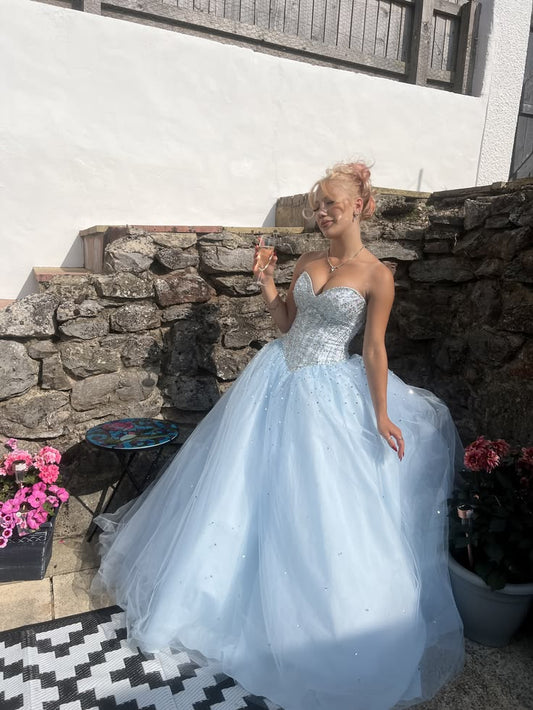 Baby Blue Ball Gown Sweetheart Neck Sequin Beaded Tulle Prom Dress Evening Dress DP8045