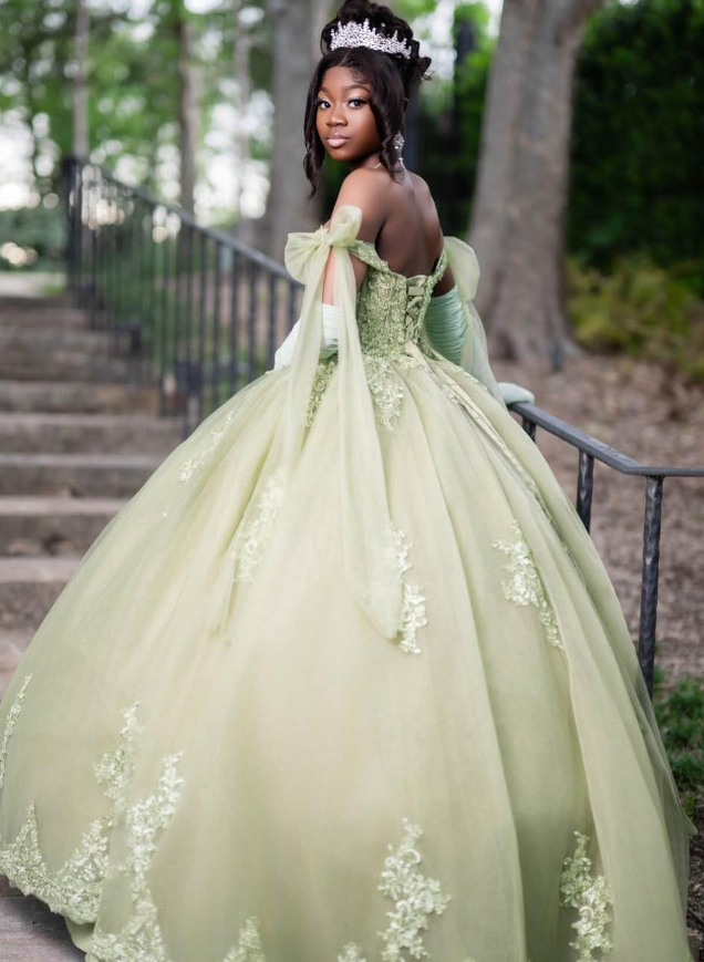Light Green Princess Ball Gown Appliques Tulle Long Prom Dress 16th Birthday Dress DP5060