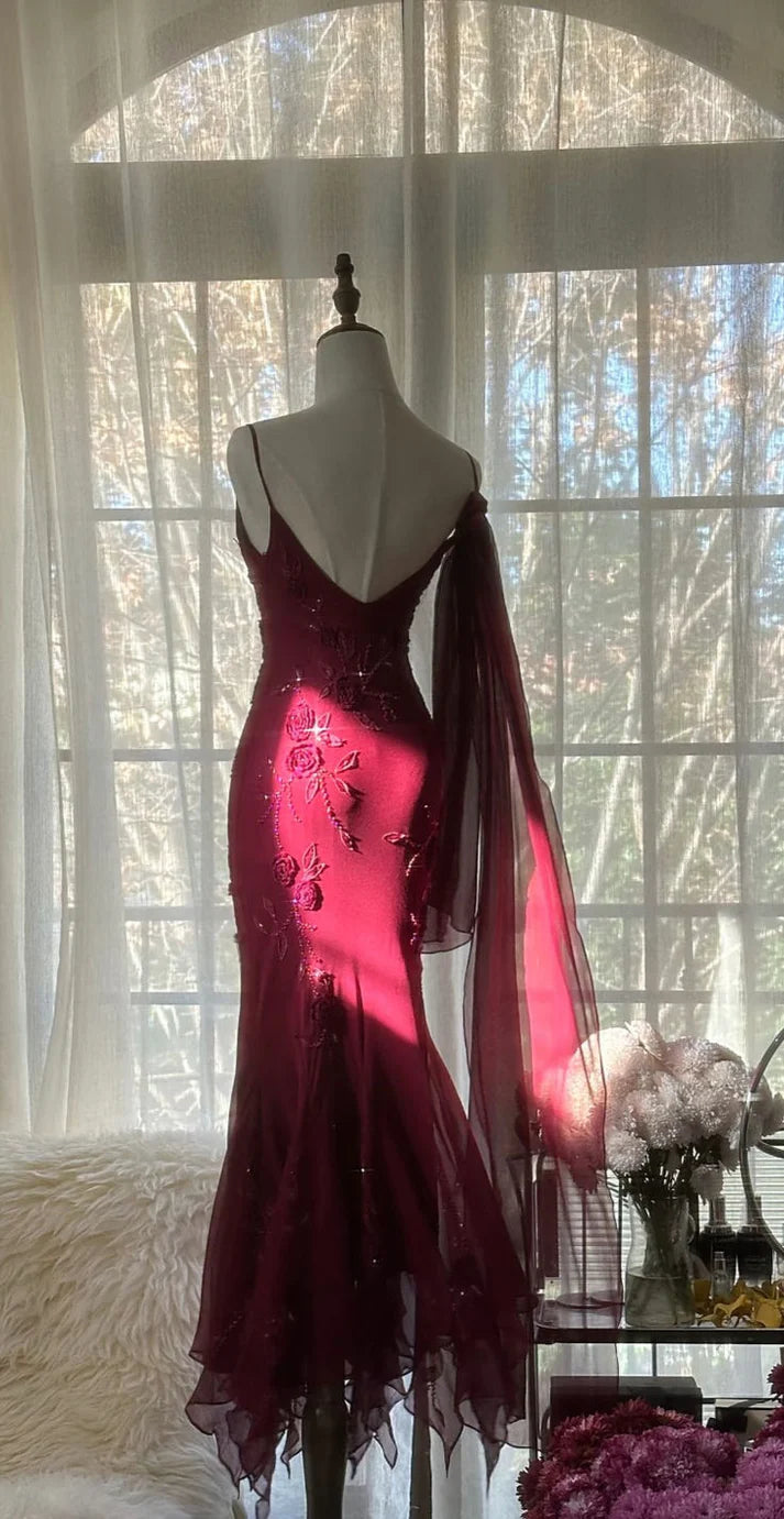 Burgundy Mermaid Spaghetti Strap Beaded Chiffon Long Prom Dress Graduation Prom Dress DP2046
