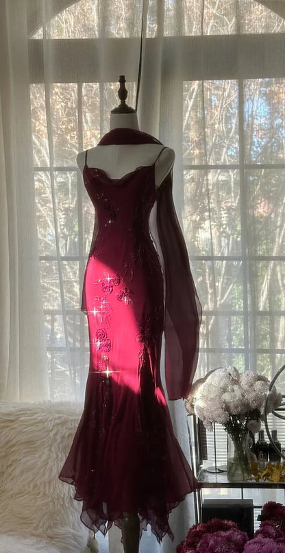Burgundy Mermaid Spaghetti Strap Beaded Chiffon Long Prom Dress Graduation Prom Dress DP2046