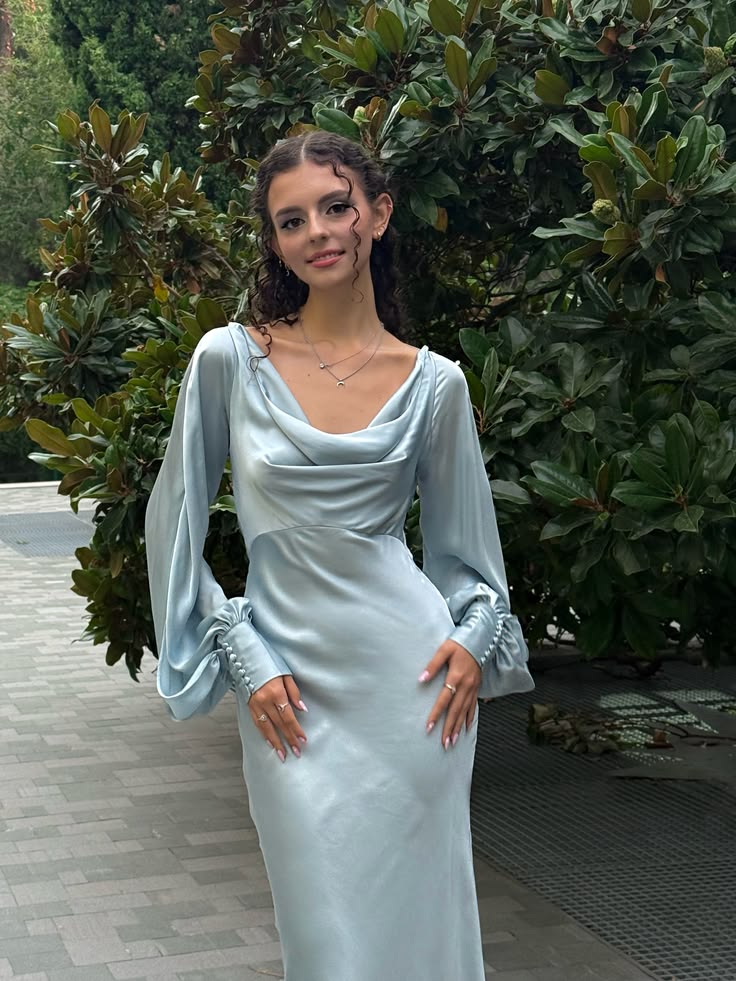 New Light Blue Sheath Long Sleeve Satin Prom Dress Evening Dress DP7841
