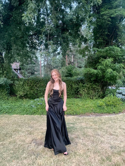 Black Simple A Line Spaghetti Strap Satin Long Evening Dress Party Dress Outfits DP3285