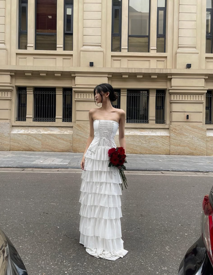 Elegant A Line Strapless Layered White Chiffon Long Prom Dress Evening Dress DP4016