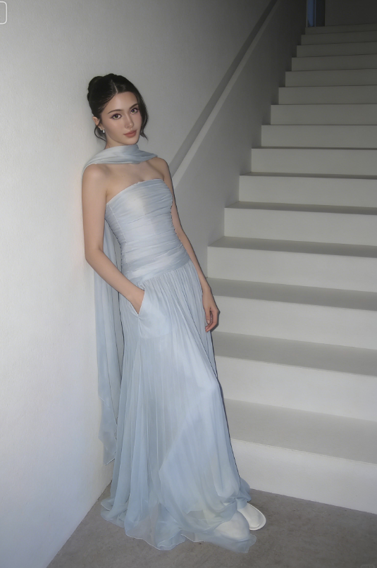 Baby Blue A Line Strapless Pleated Chiffon Long Prom Dress Party Dress DP2582