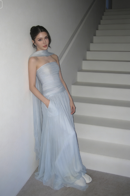 Baby Blue A Line Strapless Pleated Chiffon Long Prom Dress Party Dress DP2582