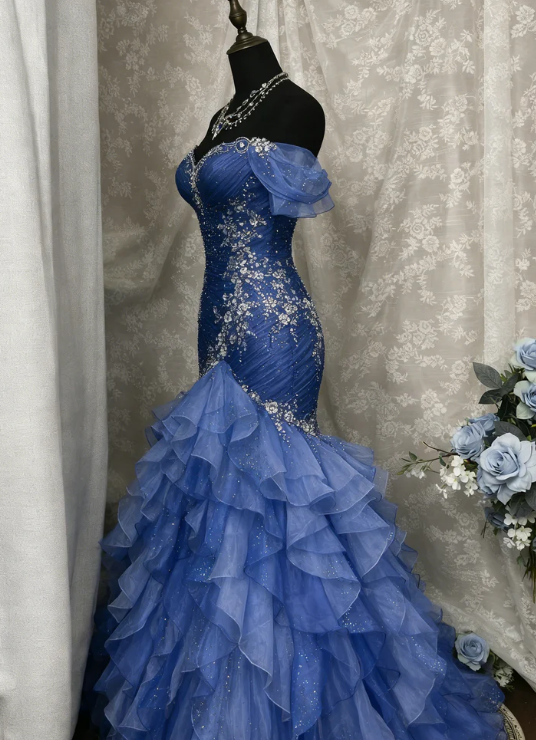 Blue Dreamy Mermaid Exquisite Beaded Layered Ruffle Tulle Prom Dress Evening Gown DP5039