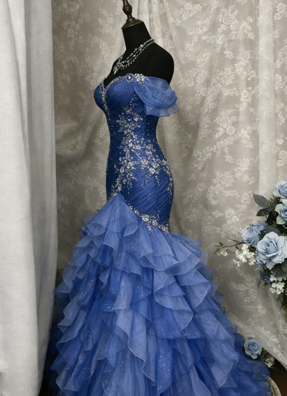 Blue Dreamy Mermaid Exquisite Beaded Layered Ruffle Tulle Prom Dress Evening Gown DP5039