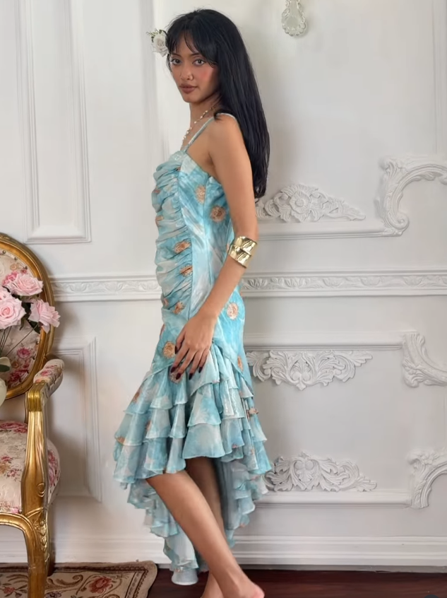Cute Blue Print Floral Sheath Straps Ruffle Chiffon Prom Dress Evening Dress DP5129