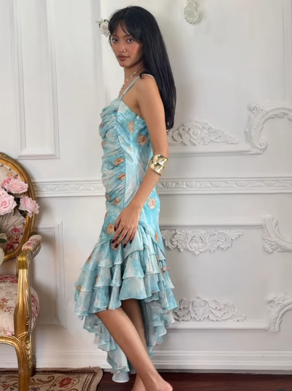 Cute Blue Print Floral Sheath Straps Ruffle Chiffon Prom Dress Evening Dress DP5129