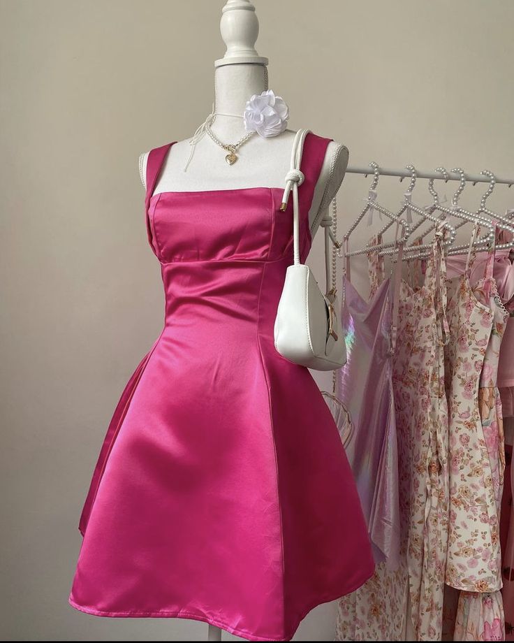 Hot Pink Straps Bow Satin Backless Homecoming Dress DP1147