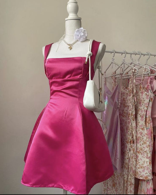 Hot Pink Straps Bow Satin Backless Homecoming Dress DP1147