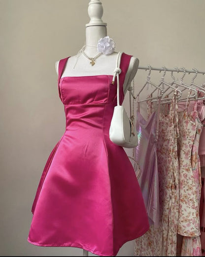 Barbie Pink A Line Square Neck Satin Mini Homecoming Dress With Bow DP2601