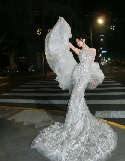 Shiny Mermaid Sweetheart Neck Lace Tulle Prom Dress 16th Birthday Dress DP4246