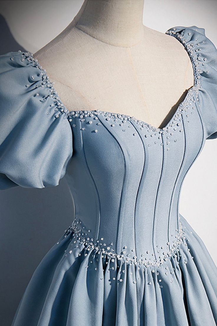 A Line Puff Sleeve Blue Satin Pearl Long Prom Dress Evening Dress DP1102