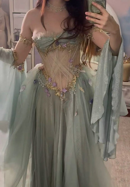 Elegant A Line Off The Shoulder Floor-length Tulle Long Sleeves Evening Dress Prom Dresses DP4169