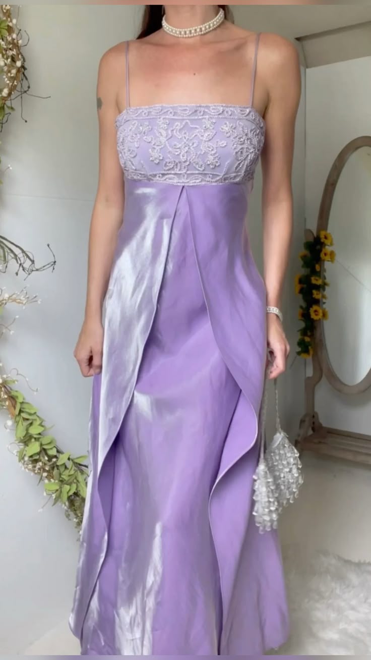 Vintage A Line Spaghetti Strap Beaded Purple Satin Party Dress Evening Dress DP2349