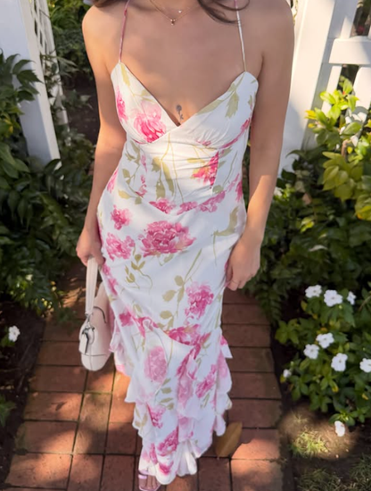 Pretty Sheath Straps Pink Print Floral Ruffle Chiffon Prom Dress Evening Dress Vacation Dress DP5608