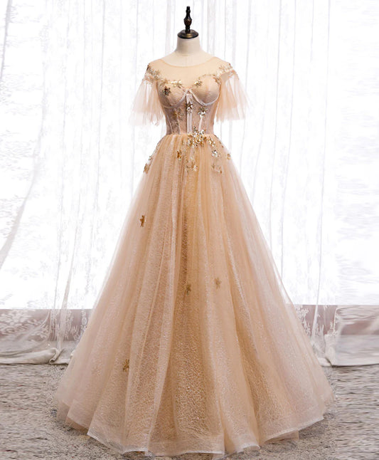 Champagne Round Neck Star Sequins Tulle Lace Long Prom Dress Formal Dress DP1162