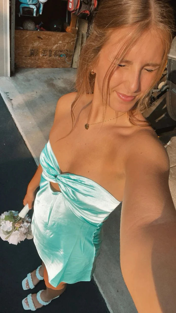 Cute Blue Bow A Line Sweetheart Neck Satin Mini Homecoming Dress Cocktail Dress DP3059