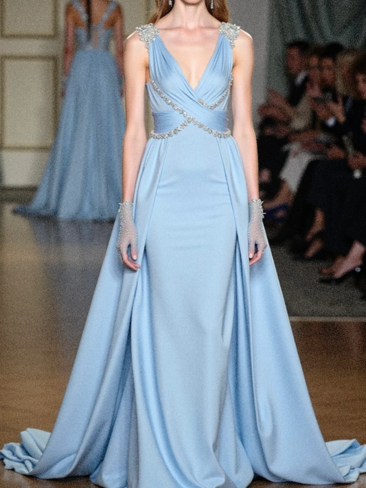 Blue A Line V Neck Beaded Satin Long Prom Dress Wedding Guest Dress DP4542