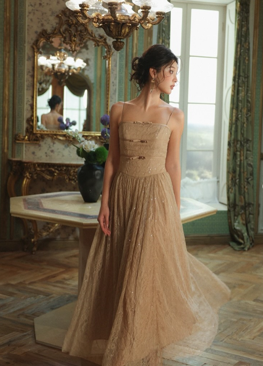 Gentle Brown A Line Spaghetti Strap Lace Prom Dress Evening Dress DP5420