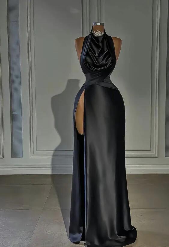 Black Satin High Slit Long Prom Dress Evening Dress DP002