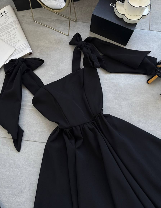 Black A Line Bow Straps Satin Short Homecoming Dress Cocktail Dress DP3856