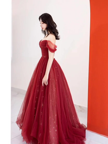 Off Shoulder Tulle Lace Dark Blue Long Prom Dress Elegant Evening Dress  DP416
