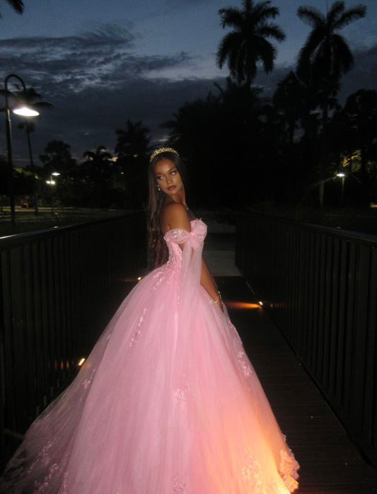 Sweety Pink Ball Gown Off the Shoulder Applique Tulle Prom Dress Evening Dress DP8055