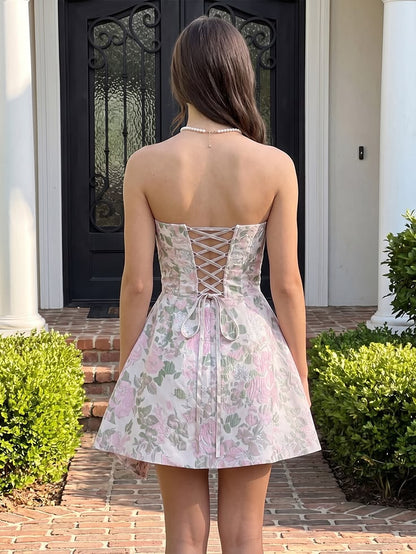 Pink Print A Line Strapless Satin Short Prom Dress Homecoming Dress DP7144