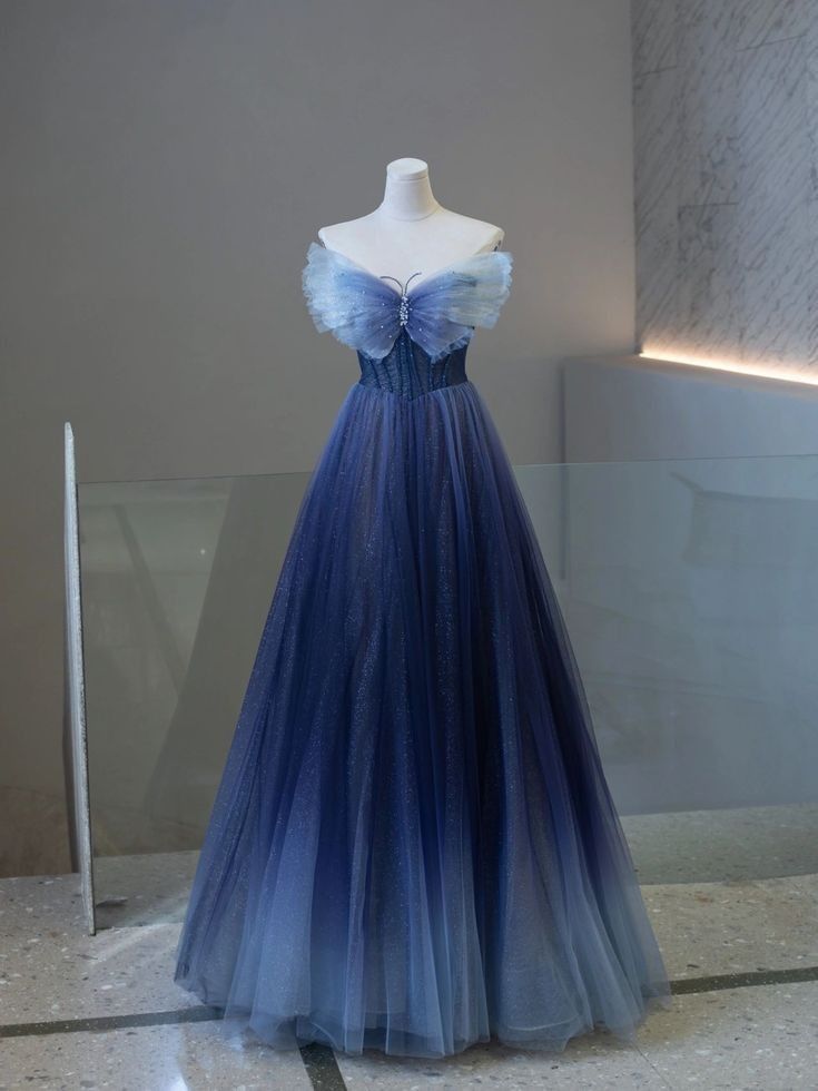 Ombre Blue A Line Strapless Butterfly Tulle Long Prom Dresses DP4211