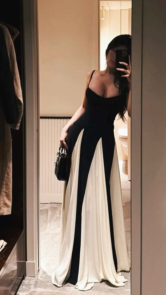 Classic A Line Spaghetti Strap Ivory Chiffon Black Satin Prom Dress Party Dress Formal Dress DP3524