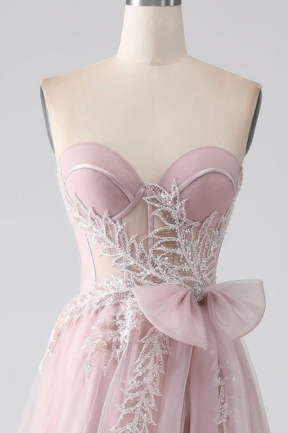 Sparkly A Line Strapless Tulle Long Prom Dress Evening Dress with Bow DP1378