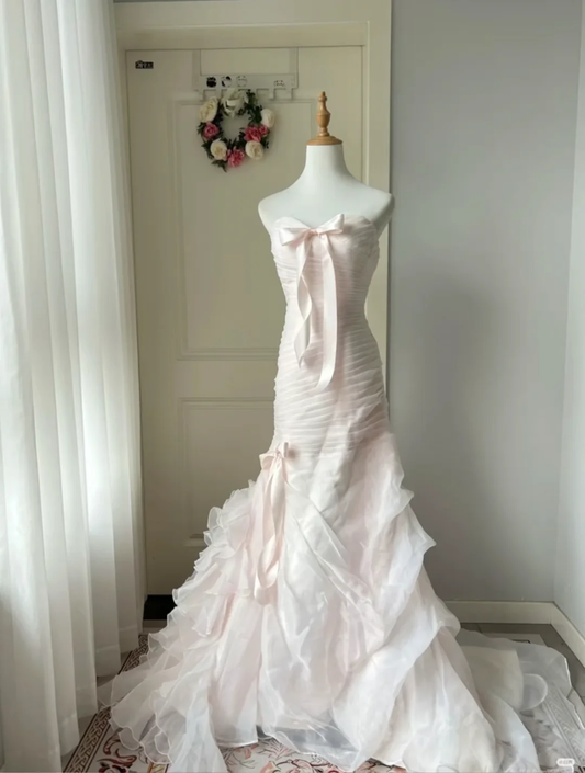 Light Pink Mermaid Sweetheart Neck Layered Organza Long Prom Dress Formal Gown DP3439