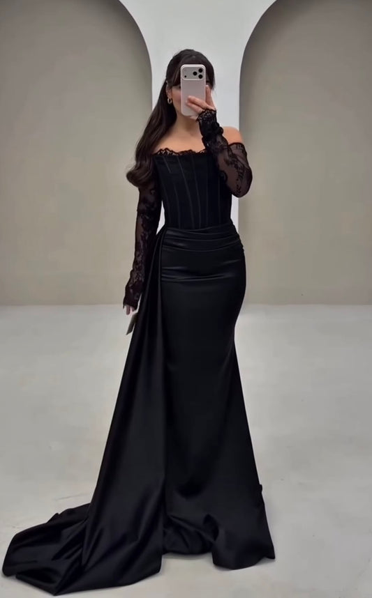 Sexy Black Mermaid Long Sleeve Corset Lace Satin Velvet Prom Dress Evening Dress DP6704