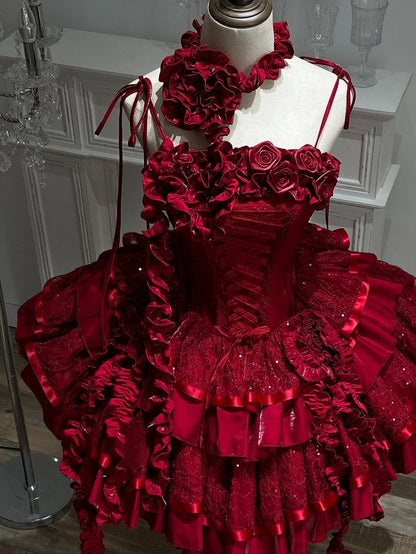 Red Roses Neckline Lolita Goth Boning Dress Sequins Tiered Ruffle Dress DP4068