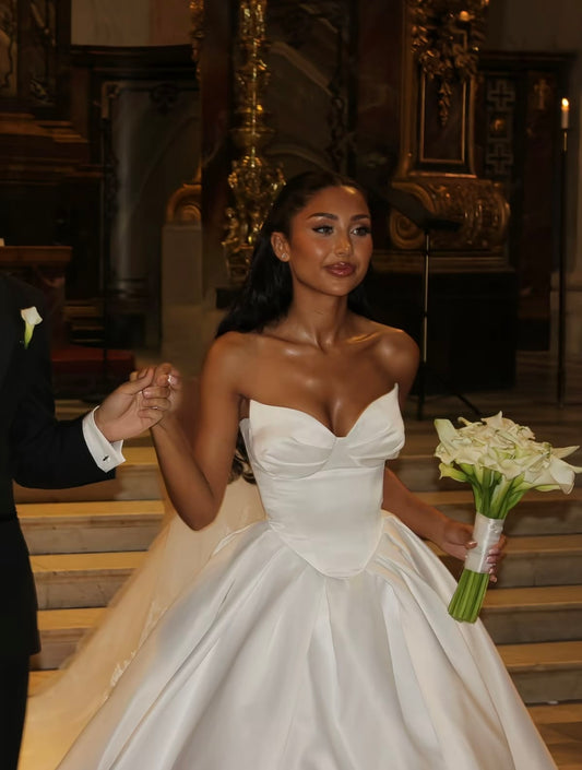 White A Line Sweetheart Neck Satin Long Wedding Dress DP8010