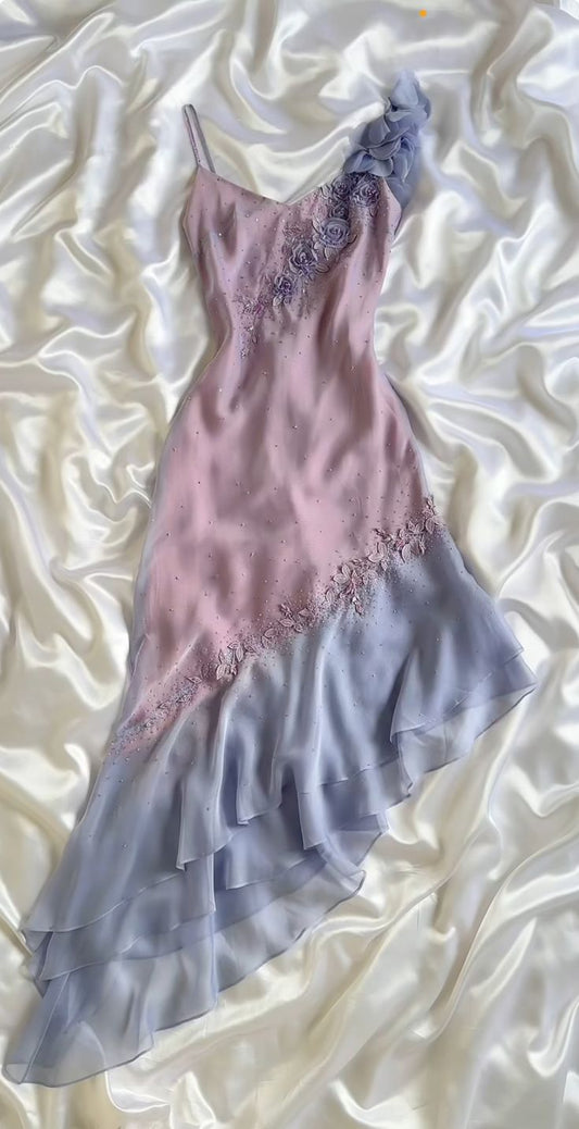 Vintage Mermaid Spaghetti Strap Beaded Flower Chiffon Homecoming Dress Party Dress DP3117