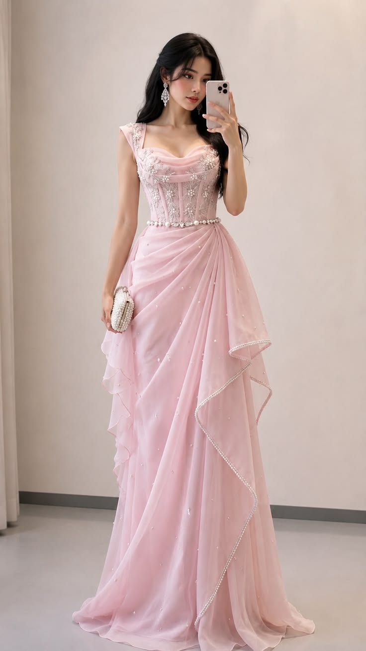 Light Pink A Line Straps Exquisite Beaded Chiffon Prom Dress Party Dress DP6537
