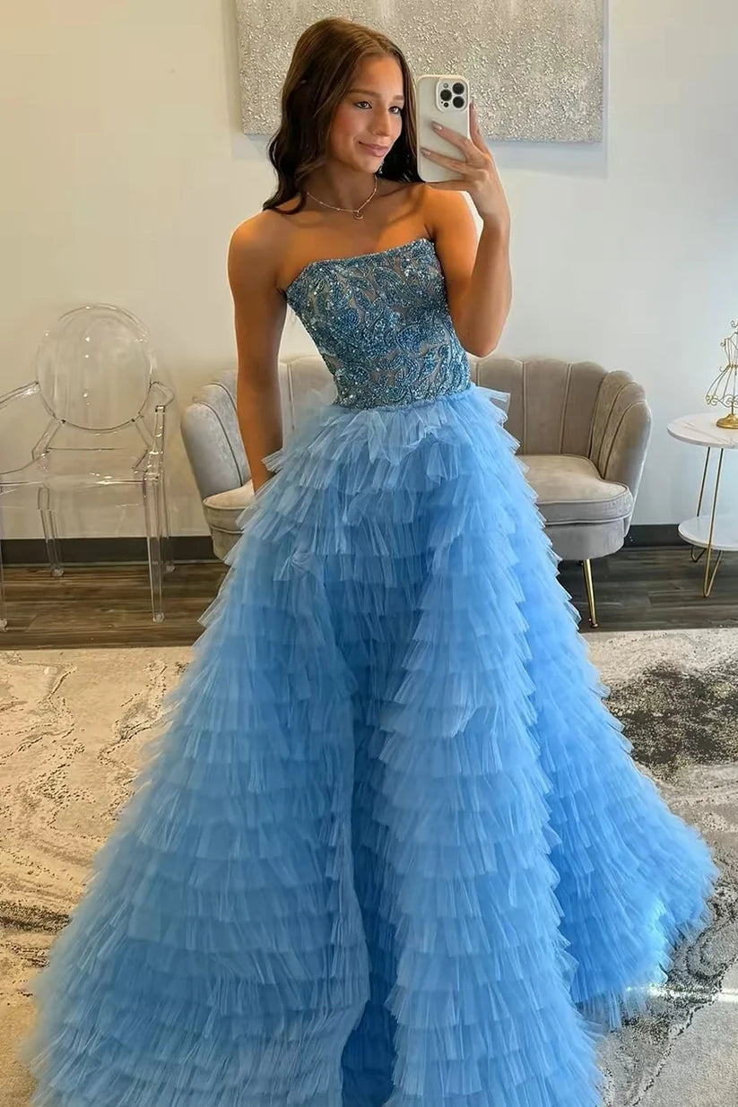 Shiny Blue A Line Strapless Exquisite Beaded Layered Tulle Evening Dress Prom Dress DP7658