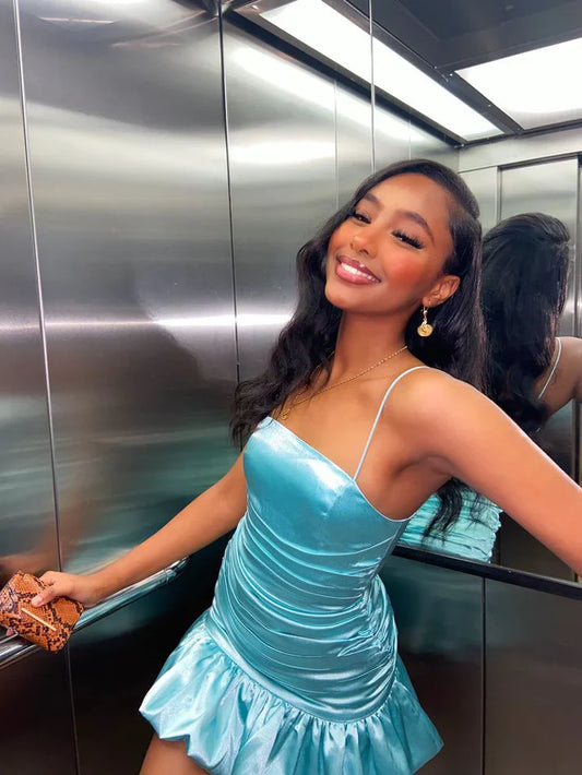 Simple Blue Sheath Spaghetti Strap Pleated Satin Homecoming Dress Cocktail Dress DP3052