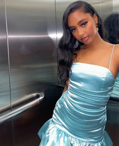 Simple Blue Sheath Spaghetti Strap Pleated Satin Homecoming Dress Cocktail Dress DP3052
